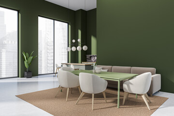 Modern kitchen interior with dining table and couch, panoramic window. Mockup wall