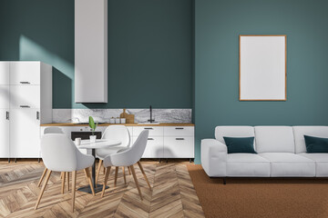 Kitchen interior with sofa and cooking area with dining table. Mock up frame