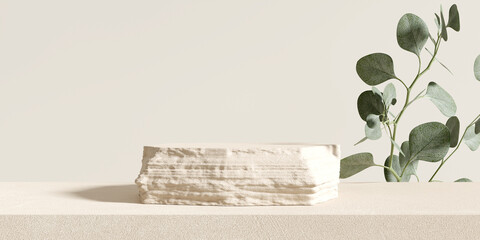 Stone product display podium with nature leaves and branch on brown background. 3D rendering