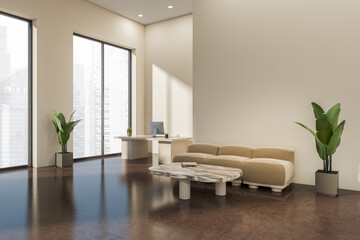 Office interior with relax area and workplace, panoramic window. Mockup