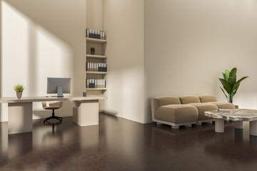 Office interior with workplace and relax area, shelf with documents. Mockup