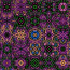 Modern creative mixed decor with a kaleidoscope theme of purple blooming roses, seamless, polar, geometric, and mandala patterns. Great for art collectors, wallpaper, wall decor and businesses.