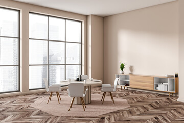 Light living room interior with table and chairs, panoramic window and mockup