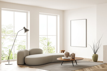 Light chill room interior with couch near panoramic window. Mockup frame