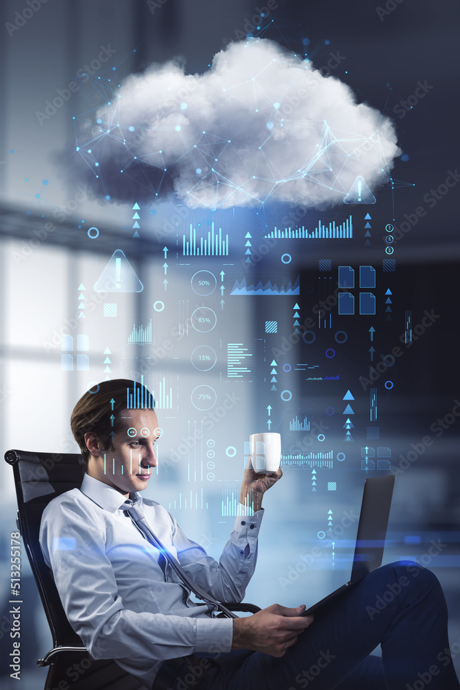 Poster Financial data analysis and monitoring concept with handsome young businessman with coffee cup and laptop and abstract digital data flow and cloud network interface, double exposure