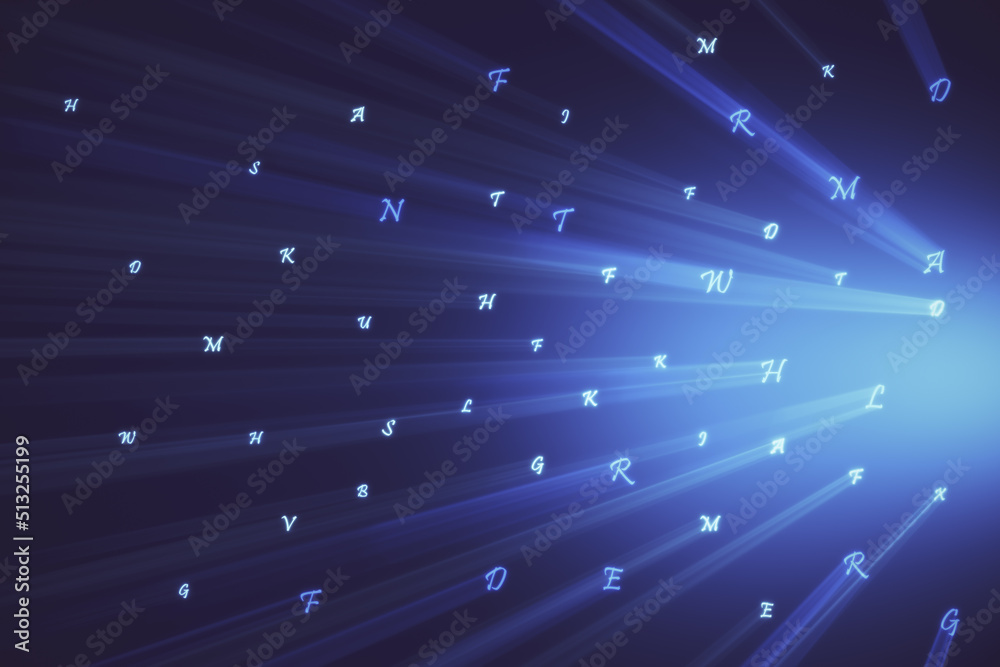 Aufkleber Abstract blue letter alphabet texture with light rays. Digital transformation, technology and big data concept. 3D Rendering.