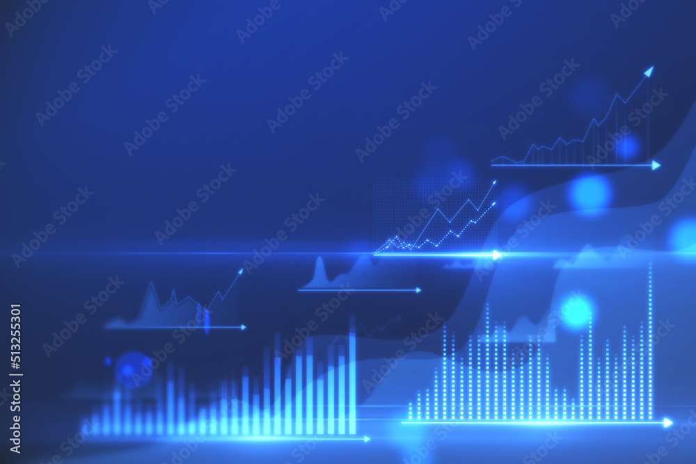 Aufkleber Abstract glowing business chart hologram on blurry blue bokeh wallpaper with mock up place for your text. Finance, report and ai concept. 3D Rendering.