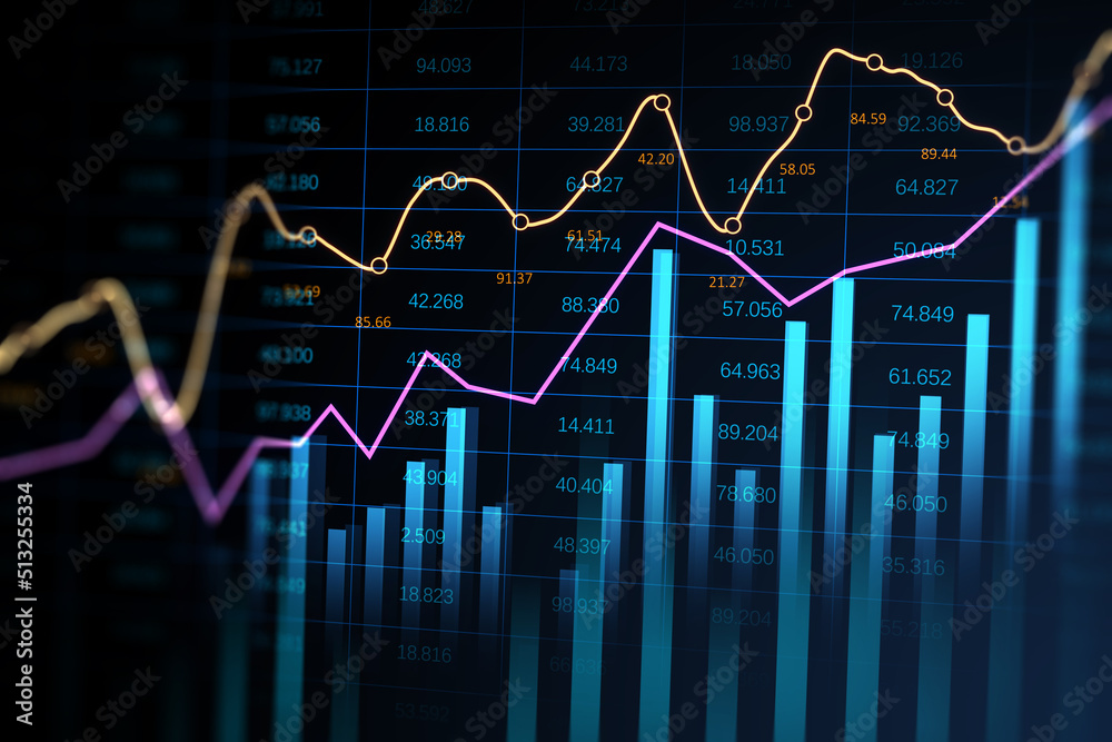 Poster abstract glowing business chart with index and growth on blurry background. finance, trade and marke