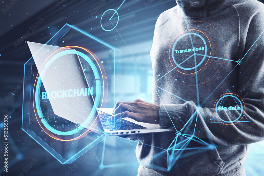 Poster Hacker in hoodie using laptop with creative polygonal blockchain hologram on blurry interior background. Technology, hacking, data theft, malware and fintech concept. Double exposure.