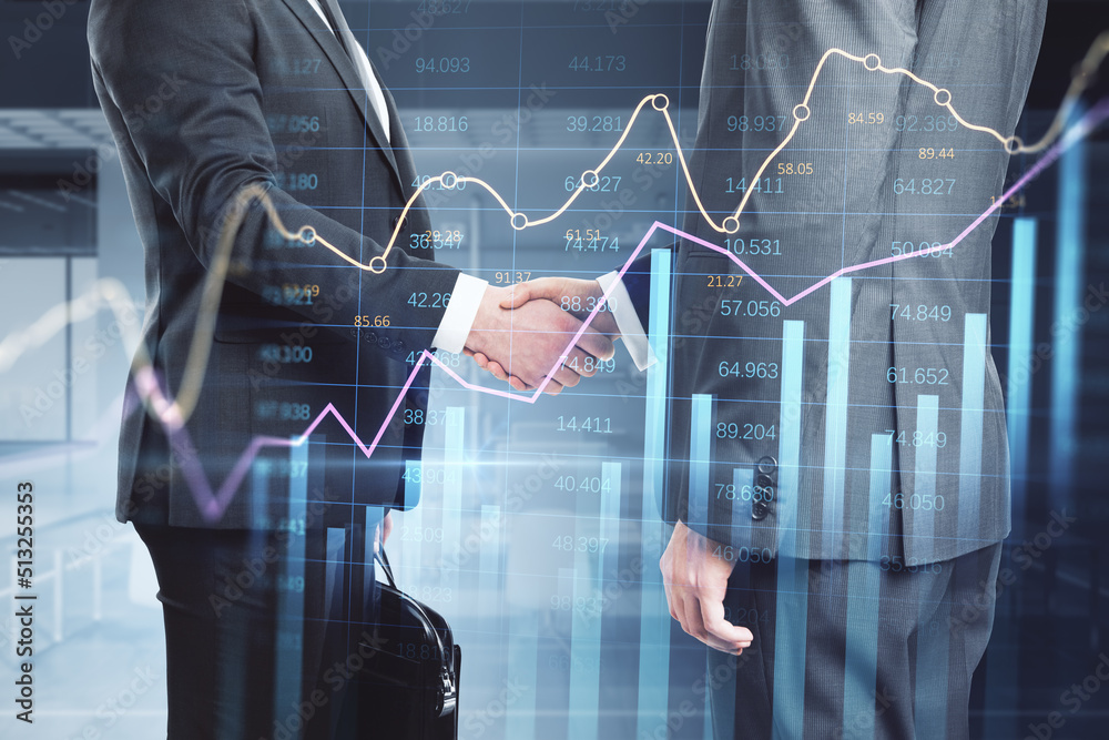 Poster Side view of business men shaking hands with abstract glowing business chart with index and growth on blurry background. Finance, deal, teamwork, trade and market report concept. Double exposure.