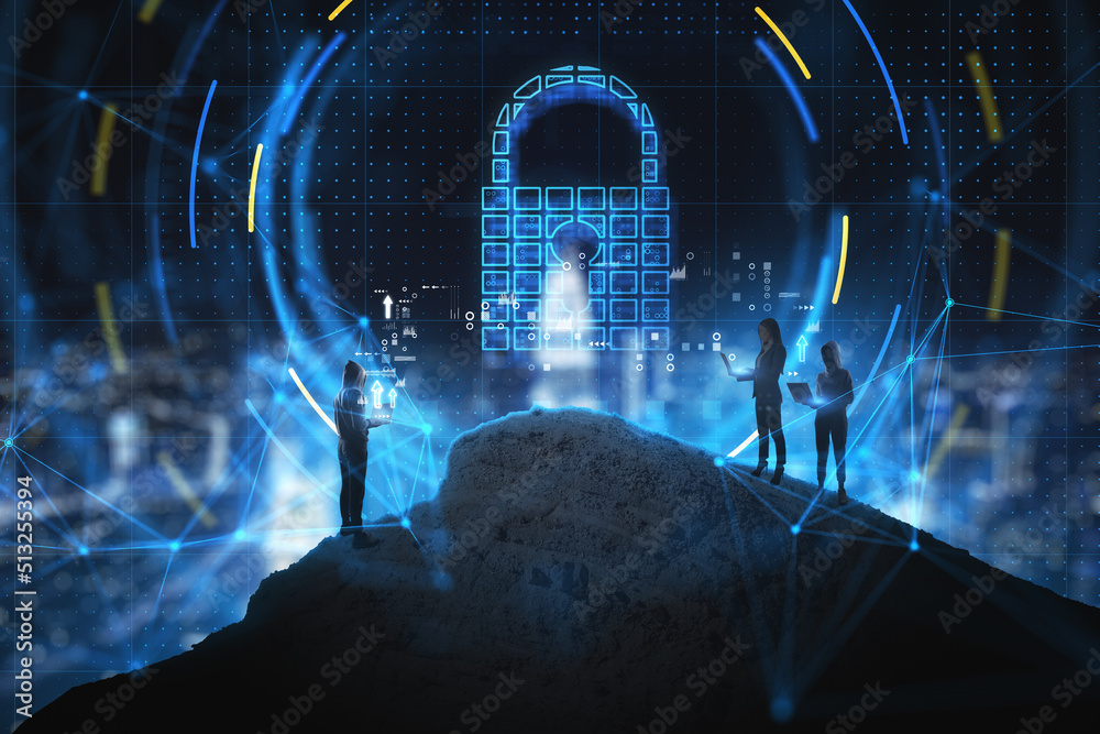 Aufkleber abstract people on mountain using laptops with glowing security padlock on blurry city background. s
