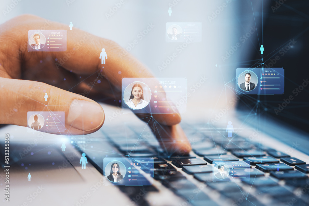 Poster human resources information system and specialist marketplace with digital cards contain profile inf