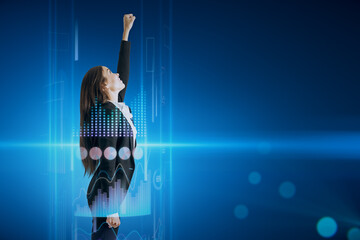 businesswoman surrounded with business chart hologram flying up on blurry blue background with mock up place for your text or advertisement. Business boost up, success, future and start up concept.
