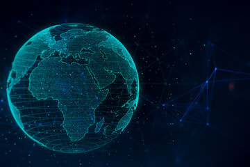 Creative glowing polygonal grid planet on dark texture. Globe, international map, communication, network earth and technology concept. 3D Rendering.