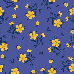 Simple vintage pattern. Wonderful yellow flowers, Dark blue leaves. Blue background. Fashionable print for textiles and wallpaper.