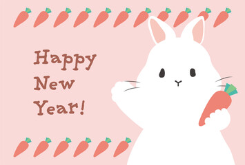 人参を持っている可愛いうさぎの年賀状テンプレート　ピンク