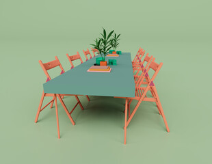 3d render of chair and dining table top of table flower vase isolated on Pastel background, 3d background minimal scene