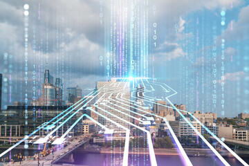 Aerial panorama city view of Philadelphia financial downtown at day time, Pennsylvania, USA. Hologram of Artificial Intelligence concept. AI and business, machine learning, neural network, robotics