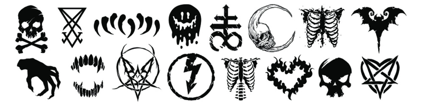 Big set of different Gothic style design for prints. Trendy style illustration. T-shirt print for Horror or Halloween. Hand drawing illustration isolated on background. Vector EPS 10