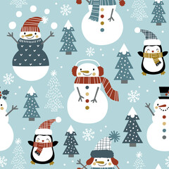 Cute snowmen seamless vector pattern. Perfect for textile, wallpaper or print design.