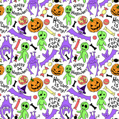 Happy Halloween-seamless pattern with set of icons-pumpkin, Jack lantern, zombie, bat, candy. Funny colorful holiday background, texture for greeting card, wrapping paper, party poster