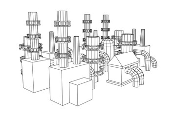 Industrial building factorie facilitie power plant. Wireframe low poly mesh