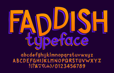Faddish alphabet font. Handwritten letters and numbers. Uppercase and lowercase. Stock vector typeface for your typography design.