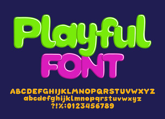 Playful alphabet font. Hand-drawn letters and numbers. Uppercase and lowercase. Stock vector typeface for your typography design.
