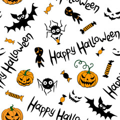 Happy Halloween-seamless pattern of traditional holiday symbols-pumpkin, Jack lantern, zombie, bat, spider, candies. Funny texture for greeting card, invitation, party poster, wrapping paper