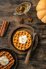 pumpkin waffles on a dark wooden background