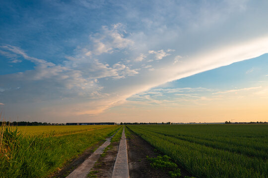 Elongated anvil of a distant thunderstorm hangs over a road in the flat landscape © Menyhert