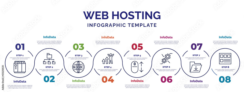 Poster infographic template with icons and 8 options or steps. infographic for web hosting concept. include