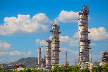  oil refinery plant form industry zone ,which the factory - petrochemical plant, Shot from drone of Oil refinery   as blue sky  scenery background	