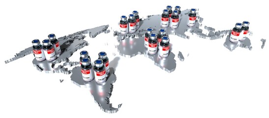Monkeypox vaccine ampoules and world map - 3D illustration
