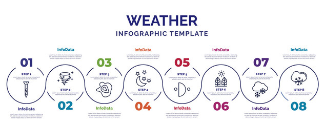 infographic template with icons and 8 options or steps. infographic for weather concept. included bolt, isobars, starry night, first quarter, daytime, snowy, snow cloud icons. - obrazy, fototapety, plakaty
