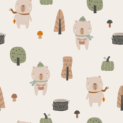 Seamless childish pattern with bear, pumpkin and mushrooms. Creative childish urban texture for fabric, wrapping, textile, wallpaper, clothing. Vector illustration.