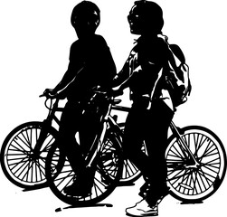 Silhouette of young boy and girl walking with cycle, line art illustration vector of young couple holding cycle
