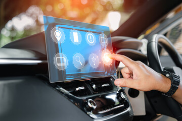 Car business concept and technology on virtual screen, Close up hand a man touch on the monitor...