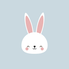 Vector hand drawn poster with bunny. Kawaii rabbit on a blue background. Easter Bunny. For children's wallpapers, postcards, children's clothing, textiles.