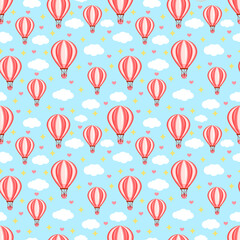 Seamless pattern with pink hot air balloon flying in the sky between the clouds. Vector texture illustration for postcard, textile, decor, paper, texture, wrapping.