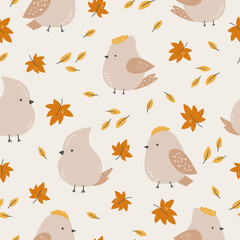 Seamless pattern with cute birds on maple leaves. Creative scandinavian background. Perfect for kids apparel,fabric, textile, nursery decoration,wrapping paper.Vector Illustration.