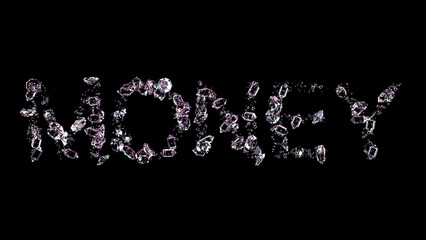 money - text made of diamonds, on black backdrop, isolated - object 3D rendering