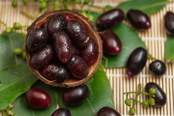 Close-Up of collection of Indian Ayurvedic medicinal fresh organic fruit jamun (Syzygium Cumini) 