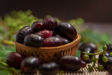 Close-Up of collection of Indian Ayurvedic medicinal fresh organic fruit jamun (Syzygium Cumini) 