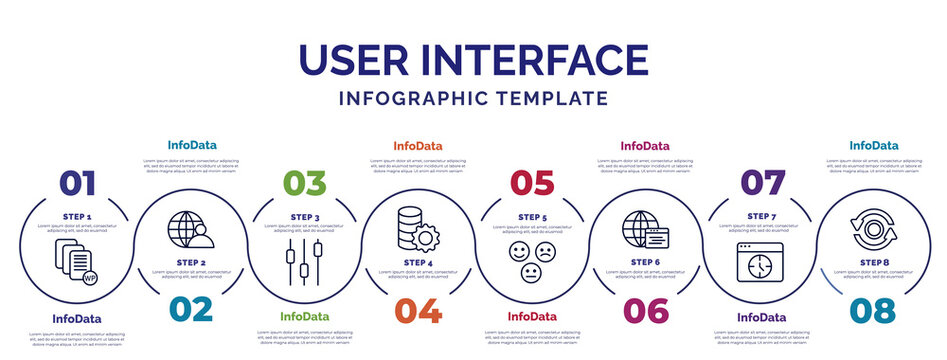 infographic template with icons and 8 options or steps. infographic for user interface concept. included white paper, box plot, data analytics tings, emot, window interface, window time, data
