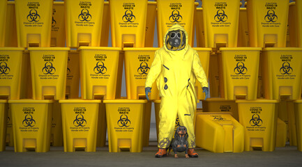 Man with anti-contamination suit against coronavirus covid-19, 3d illustration, 3d rendering