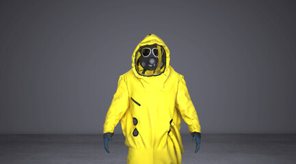Man with anti-contamination suit against coronavirus covid-19, 3d illustration, 3d rendering