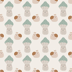Seamless pattern with hand drawn colourful mushrooms and snail. Autumn cute digital paper. Creative childish pattern. Vector illustration.