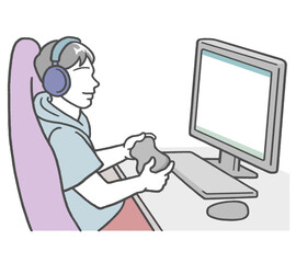 子供部屋でオンラインゲームをする、ヘッドフォンを付けた若い男性