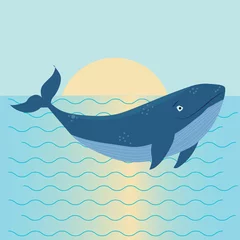 Outdoor kussens Drawn cartoon whale, bright and beautiful against the background of sunrise, fantastic and abstract vector illustration © glu_51